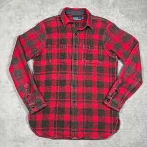 VTG Polo Ralph Lauren Plaid Flannel Shirt Jacket Mens M Distressed Grunge Heavy